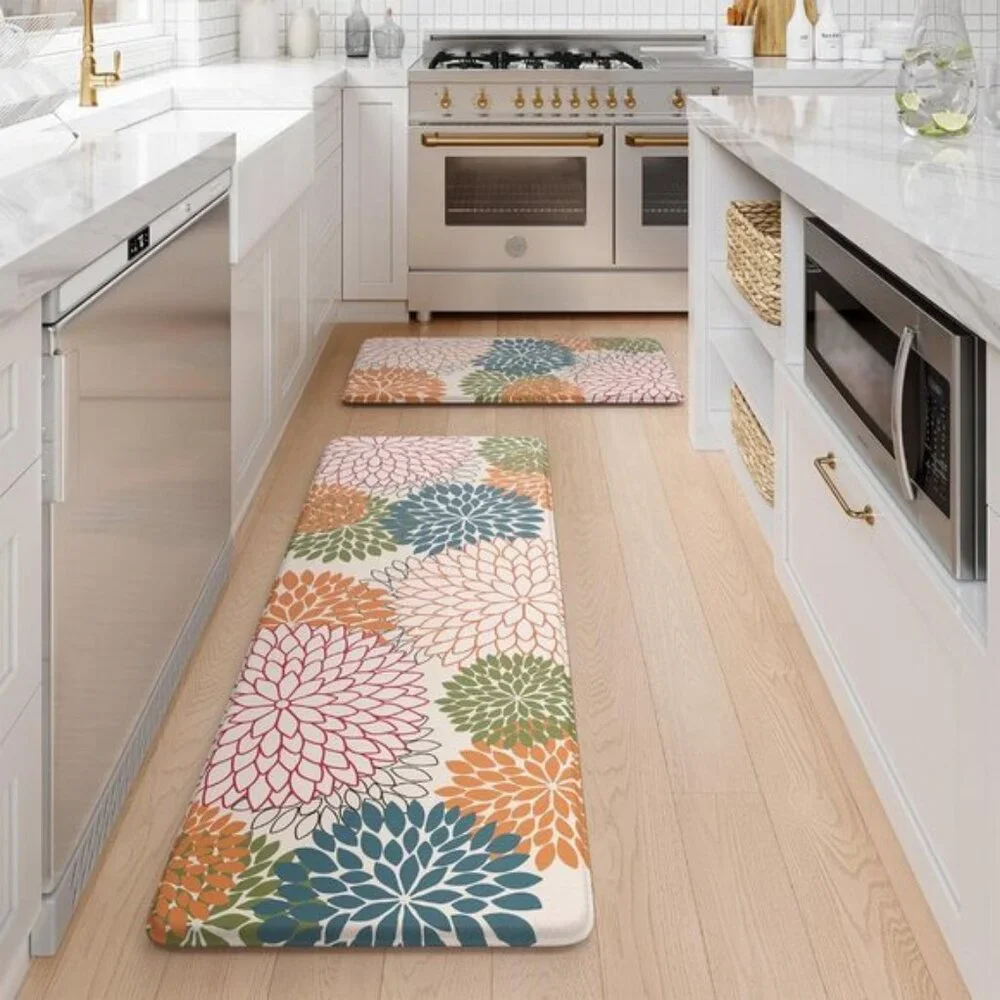New Set of 2 Floral Kitchen Rug, Cushioned Anti-Fatigue, Non-Skid, Waterproof